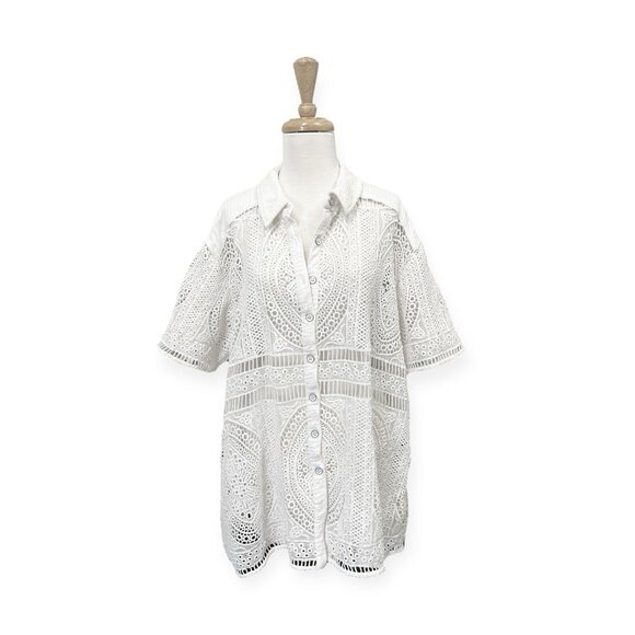 Free People All Things Sweet Crochet Lace Top Size M Medium White Collared Shirt - Picture 1 of 7